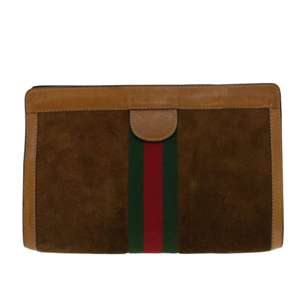 GUCCI Web Sherry Line Clutch Bag Suede Brown Green Red 37.014.2126 yk6703 Fashion