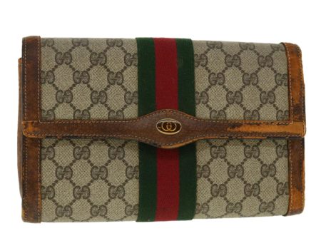 GUCCI Web Sherry Line GG Canvas Clutch Bag PVC Leather Beige Green 40002 Hot on Sale