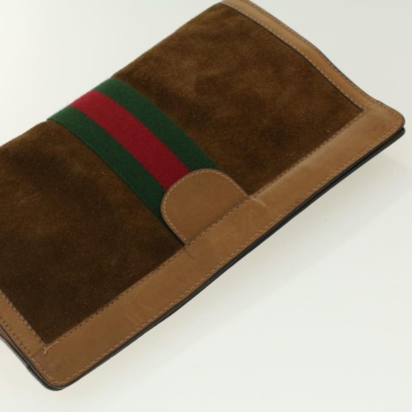 GUCCI Web Sherry Line Clutch Bag Suede Brown Green Red 37.014.2126 yk6703 Fashion