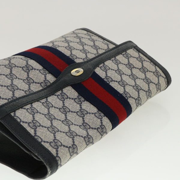 GUCCI GG Canvas Sherry Line Clutch Bag Gray Navy Red 89.01.007 40956 on Sale