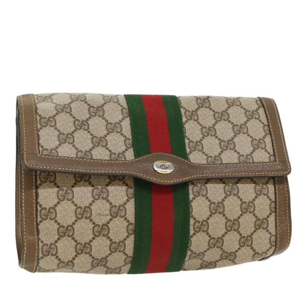 GUCCI GG Canvas Web Sherry Line Clutch Bag Beige Red Green 43902 on Sale