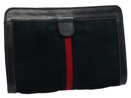 GUCCI Sherry Line Clutch Bag Suede Black Red Navy th4194 Discount